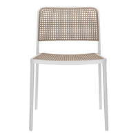 White chair with a brown woven pattern on the back and seat, offering a modern, minimalist design.