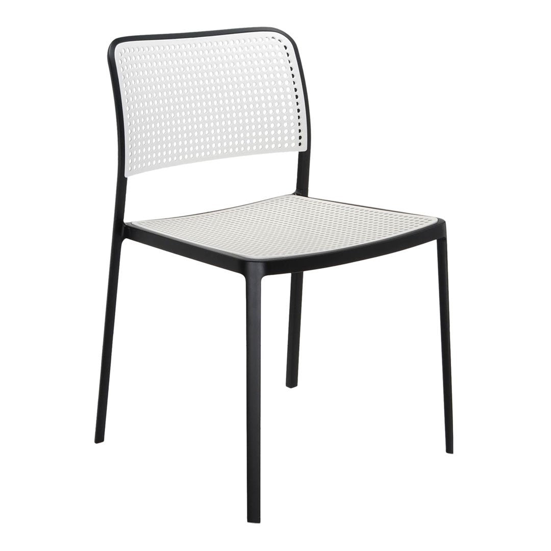 Modern black metal chair with a white woven pattern seat and backrest, perfect for stylish interior decor.