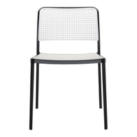 Black metal chair with a white perforated backrest and seat, featuring a modern minimalist design.