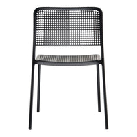 Black chair with a perforated backrest and striped seat pattern, ideal for modern decor.
