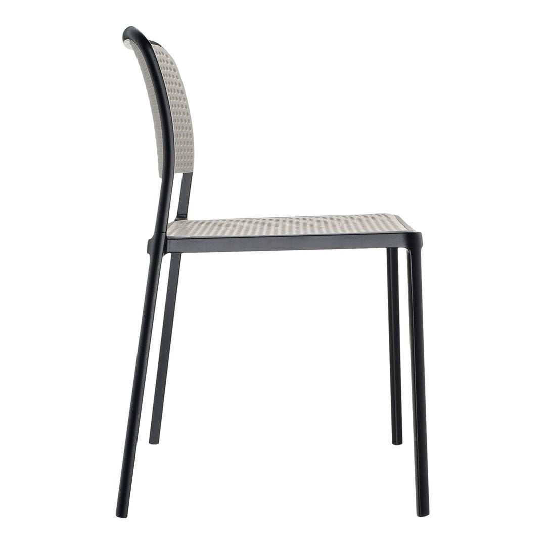 Gray woven seat with black metal frame, featuring a minimalist design and subtle checkered pattern.