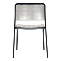 Black and white chair featuring a sleek, grid-patterned backrest and a striped seat for modern decor.