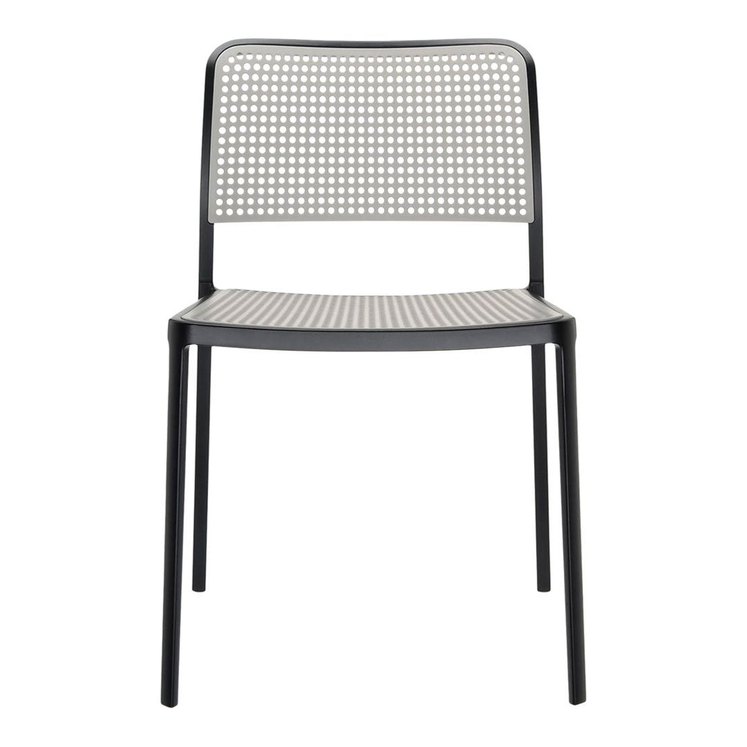 Black metal chair with a textured gray perforated seat and back, featuring a modern, minimalist design.