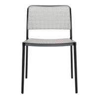 Black metal chair with a textured gray perforated seat and back, featuring a modern, minimalist design.
