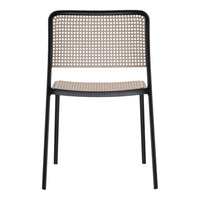 Black-framed chair with a beige woven seat and patterned backrest, showcasing a modern design.