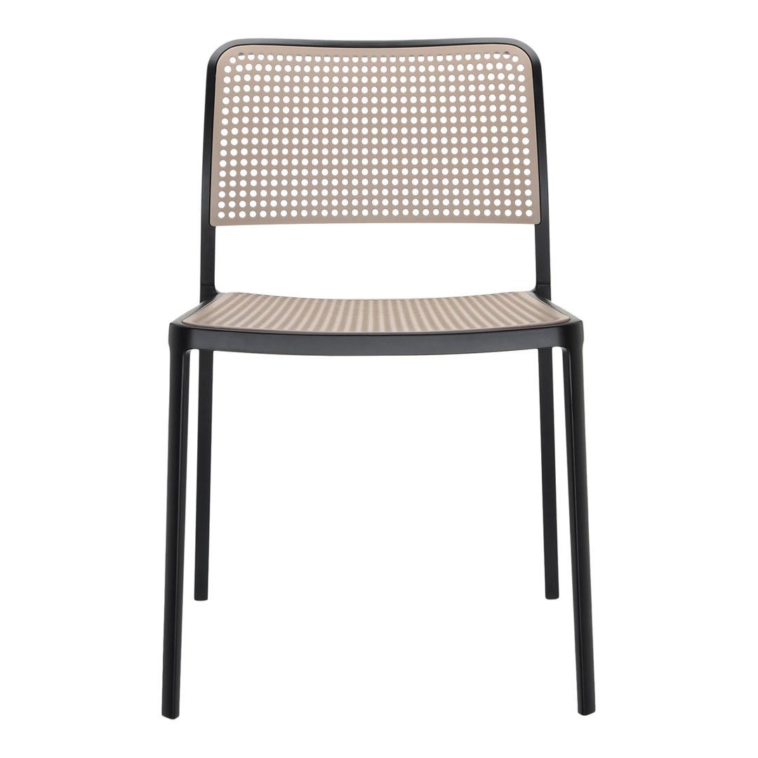 Black-framed chair with a woven beige seat and backrest featuring a sleek, modern pattern.