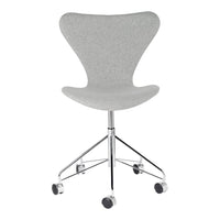Light gray, textured fabric office chair with a sleek chrome base and rolling wheels, perfect for modern workspaces.