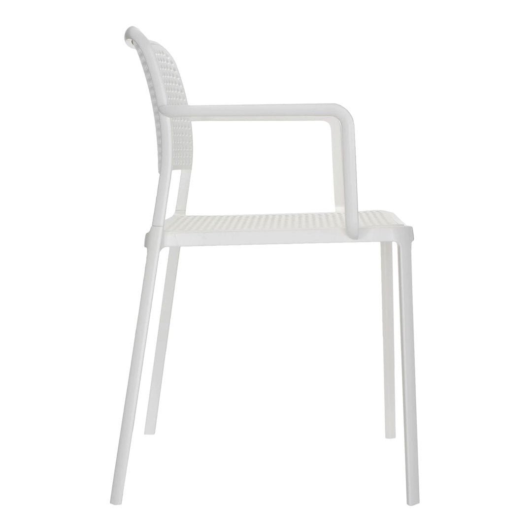 White woven chair with a sleek design, featuring a textured, patterned seat and smooth armrests.