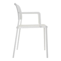 White woven chair with a sleek design, featuring a textured, patterned seat and smooth armrests.