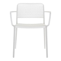 White perforated plastic chair with clean lines and minimalistic design, featuring a simple geometric pattern.