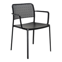 Black chair with a textured mesh pattern and sleek, minimalist design. Perfect for modern indoor or outdoor spaces.