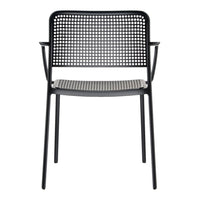 Black chair with a perforated backrest and striped seat, featuring a modern design and sleek finish.