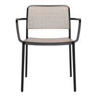 Black metal chair with a woven rattan-patterned backrest and seat in beige tones. Ideal for modern decor.