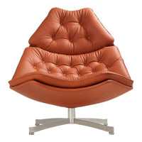 Stylish brown leather accent chair with tufted design and sleek silver base. Perfect for modern decor.