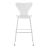Modern white bar stool with a sleek, minimalist design and chrome legs. Perfect for contemporary spaces.