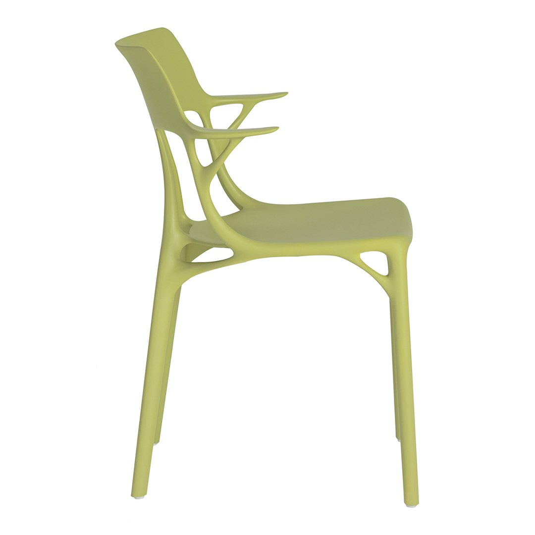 Side view of a modern chair in vibrant lime green with a sleek, minimalist design.