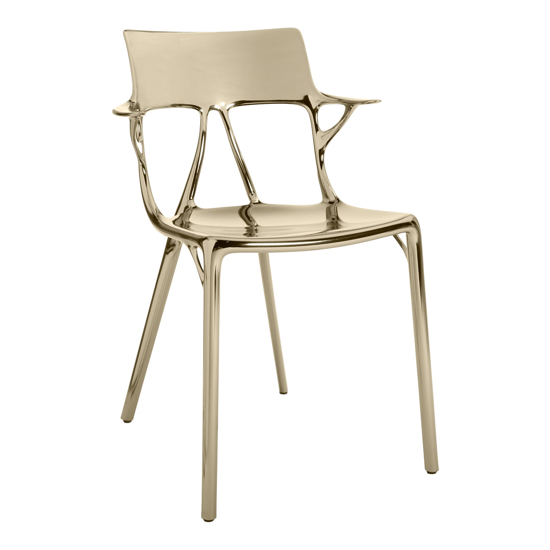 Gold metallic chair with a modern, sleek design and smooth surface, perfect for contemporary decor.