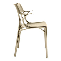 Sleek gold chair with a modern design and smooth, shiny surface. Perfect for contemporary interiors.