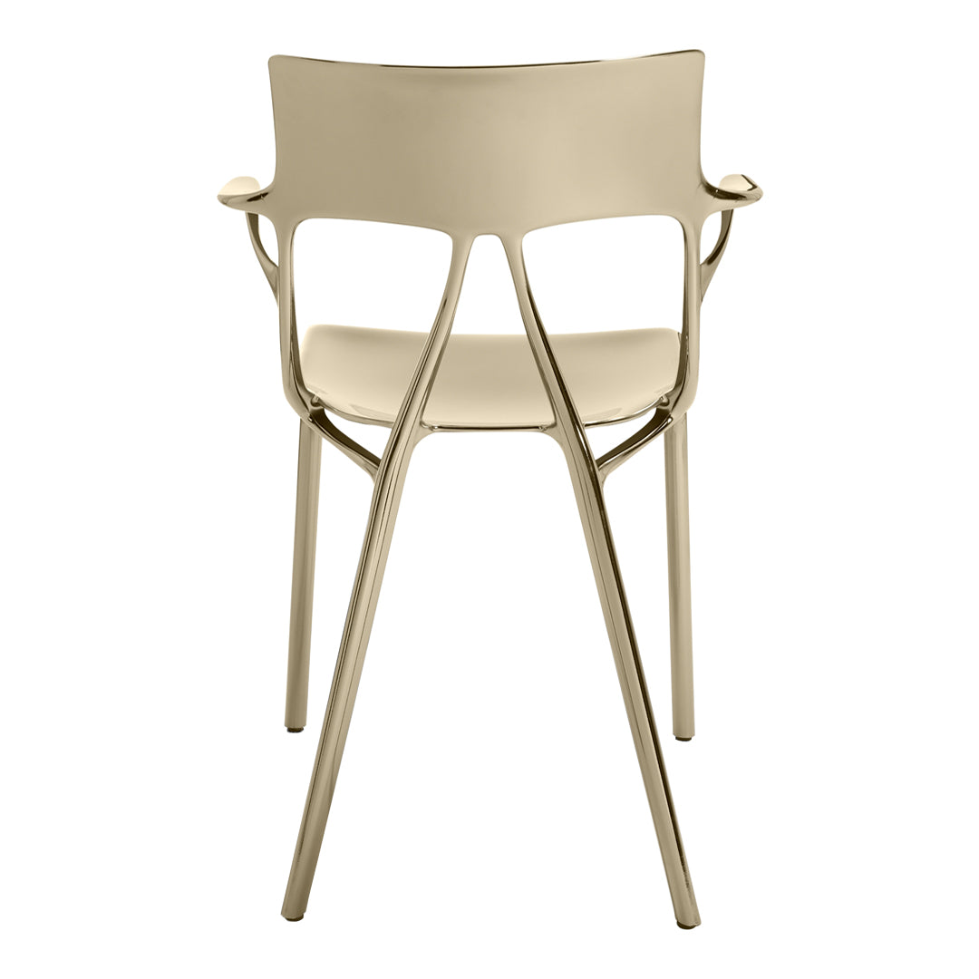 Beige chair with a sleek, modern design and subtle pattern, showcasing minimalist elegance from the back view.