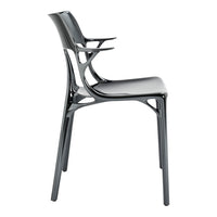 Glossy black chair with a sleek, modern design and intricate backrest pattern, perfect for contemporary spaces.