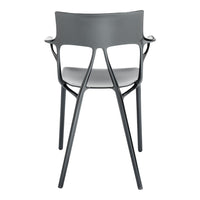 Rear view of a modern chair featuring a sleek gray finish and minimalist design. Ideal for contemporary spaces.