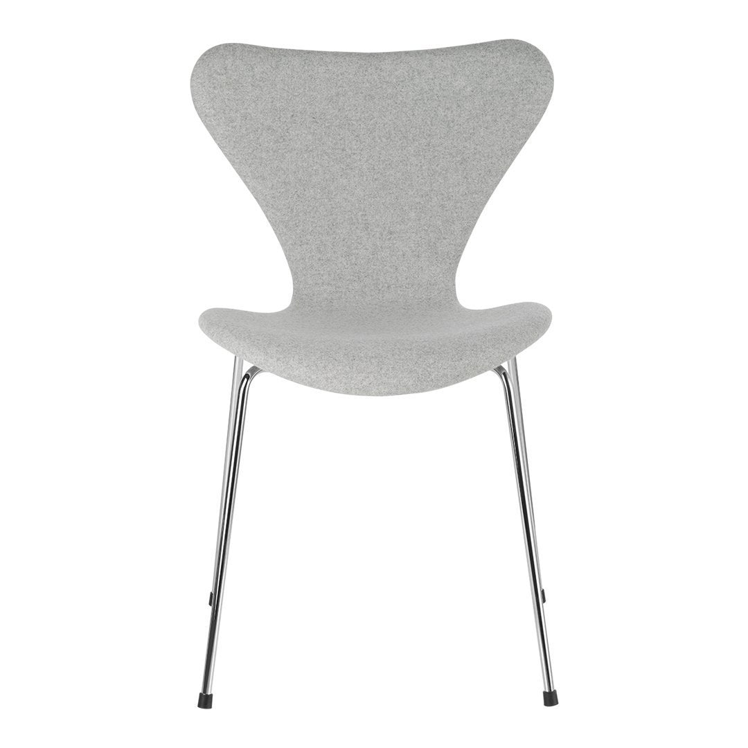 Gray upholstered chair with a smooth, modern design and sleek chrome legs. Perfect for contemporary spaces.
