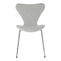 Gray upholstered chair with a smooth, modern design and sleek chrome legs. Perfect for contemporary spaces.