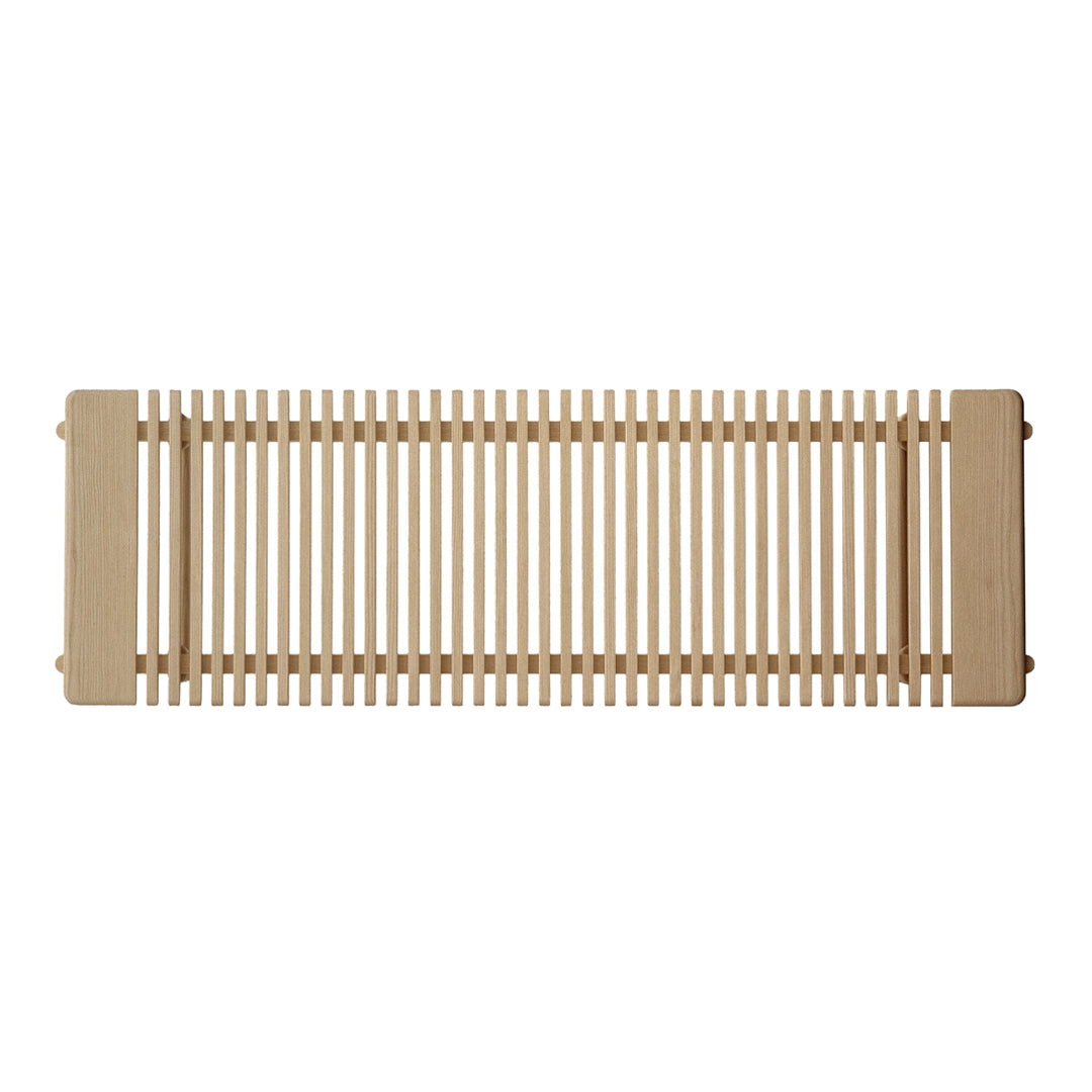 Natural wood slatted mat in light beige color, showcasing a clean, minimalist design with evenly spaced lines.