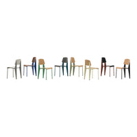 "Collection of colorful chairs featuring varying patterns in blue, green, brown, red, and beige finishes."