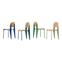 Colorful chair set featuring navy blue, green, and light olive legs with natural wood seats and backs.