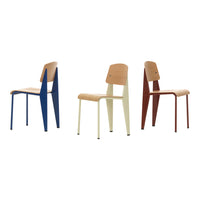Set of three modern chairs: blue, cream, and rust with wood accents and minimalist design. Perfect for stylish decor.