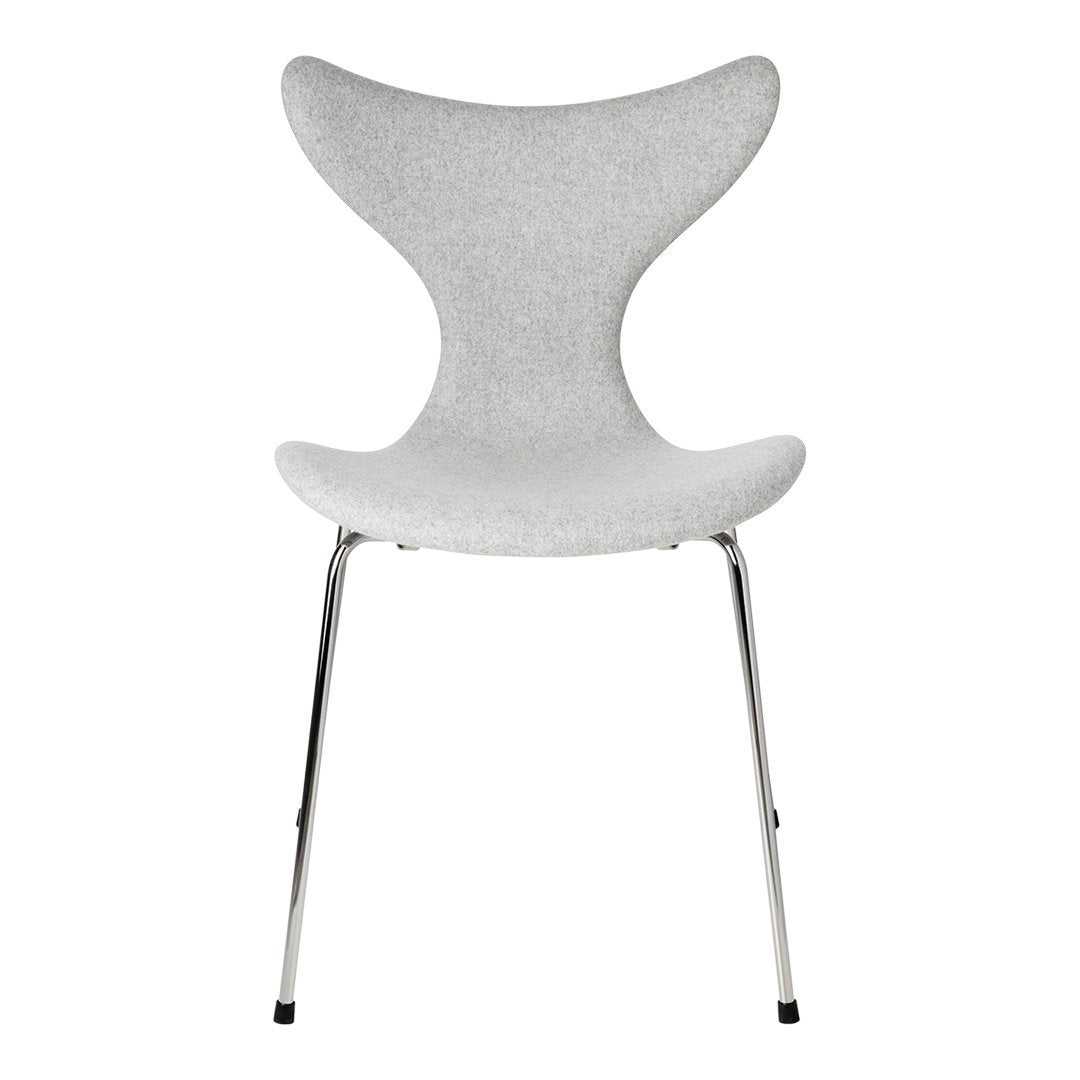 Gray upholstered chair with a sleek, minimalist design and chrome legs, showcasing a smooth, contemporary finish.
