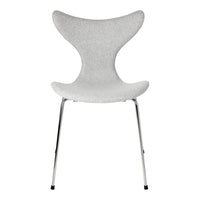 Gray upholstered chair with a sleek, minimalist design and chrome legs, showcasing a smooth, contemporary finish.