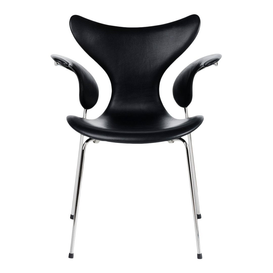 Black modern chair with sleek lines and chrome accents, perfect for contemporary interiors. 