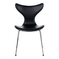 Black chair with a sleek, curved design and shiny chrome legs, offering a modern and minimalist aesthetic.