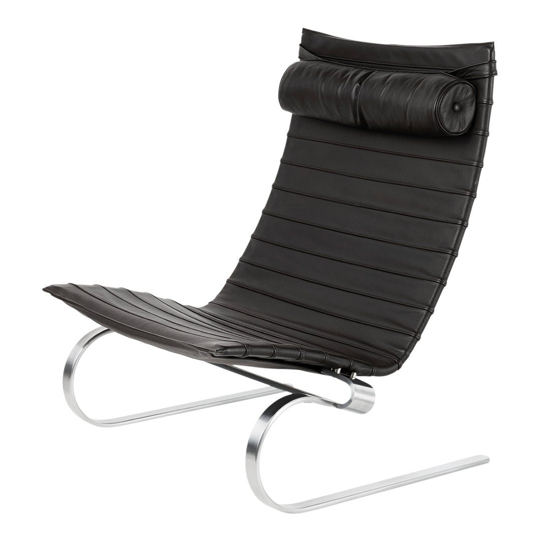 Black slatted chair with a curved design and chrome base, featuring a sleek rolled cushion for added comfort.
