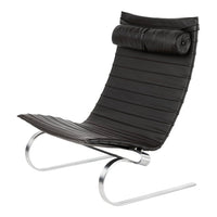 Black slatted chair with a curved design and chrome base, featuring a sleek rolled cushion for added comfort.