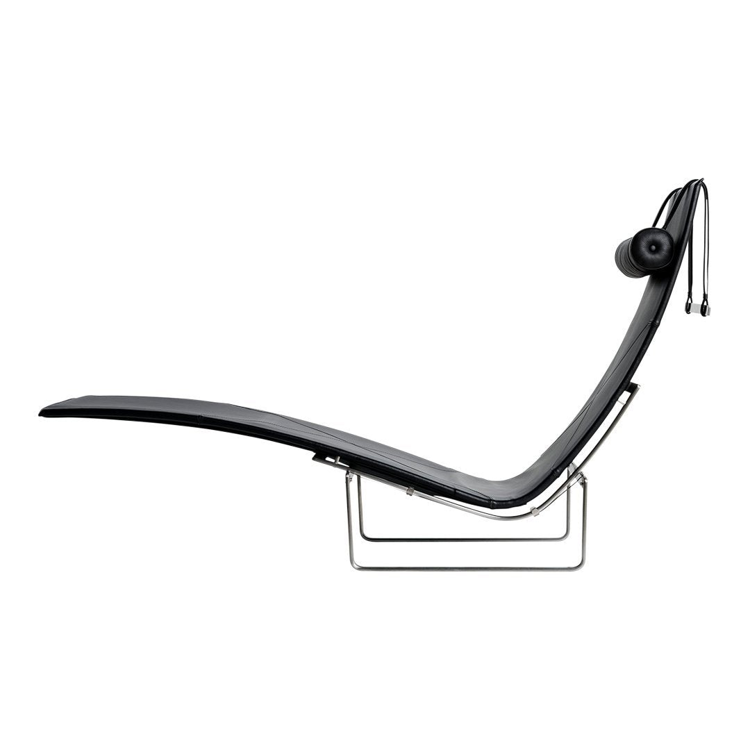 Sleek black ergonomic lounge chair with minimalist design and silver accents. Perfect for modern decor.