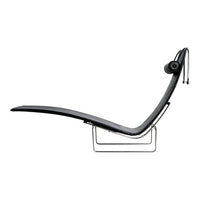 Sleek black ergonomic lounge chair with minimalist design and silver accents. Perfect for modern decor.