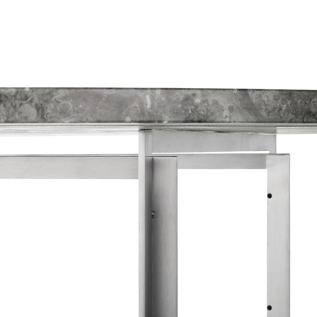 Gray marble top with subtle patterns, complemented by a sleek, silver metal base for a modern aesthetic.