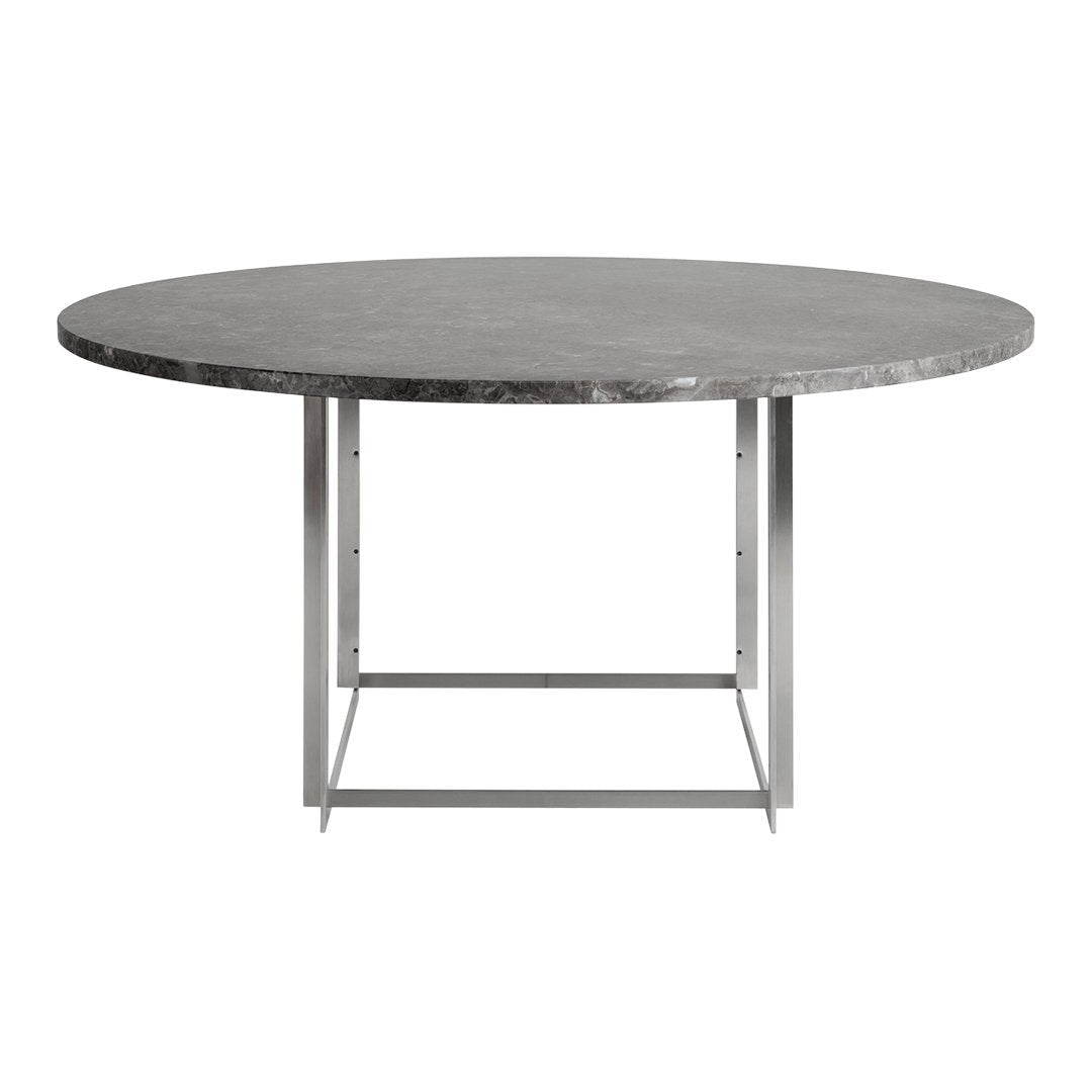 Round slate gray table with a smooth surface and modern silver steel base, featuring a sleek minimalist design.