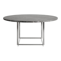 Round slate gray table with a smooth surface and modern silver steel base, featuring a sleek minimalist design.