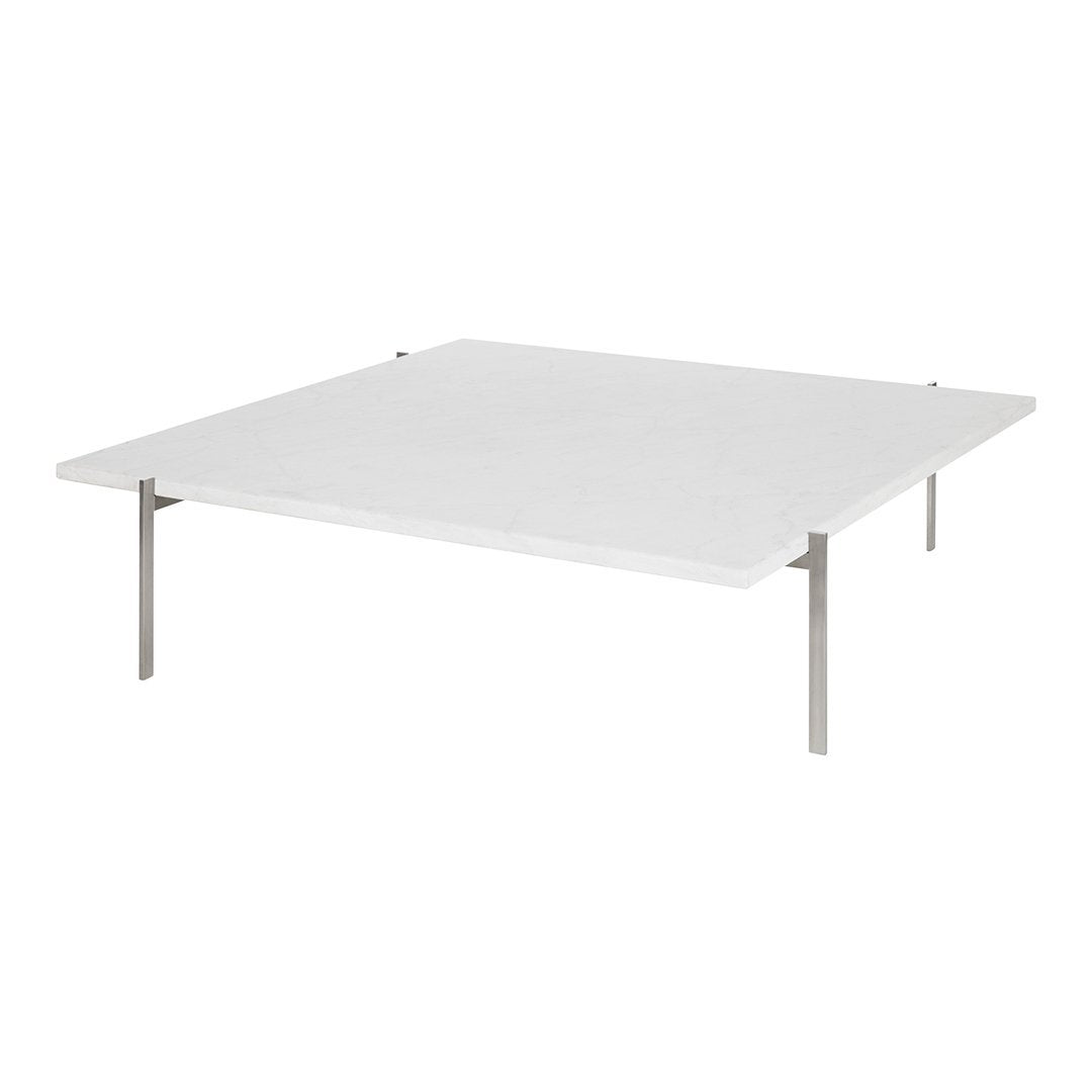 Modern white tabletop with sleek stainless steel legs, offering a minimalist design and clean lines. Perfect for any decor.