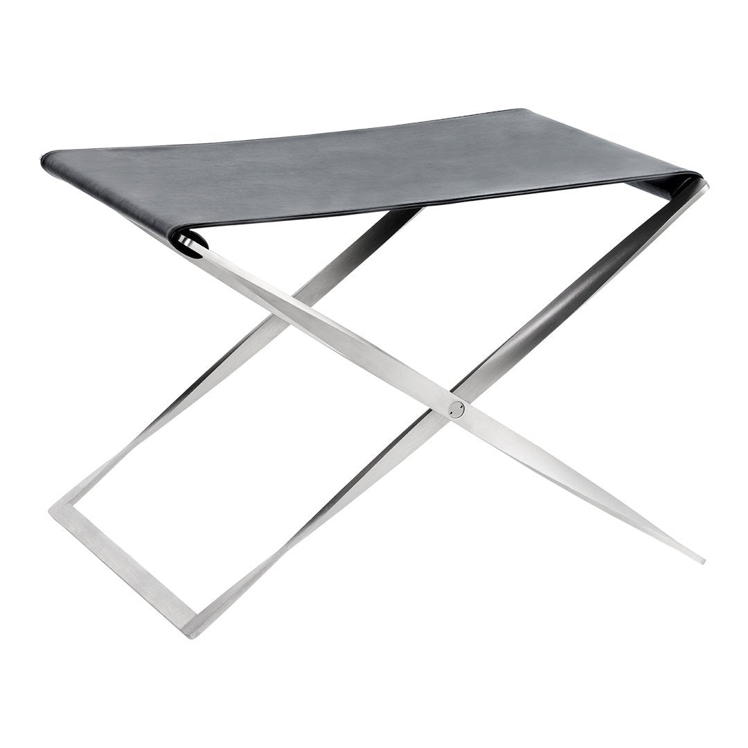 Black leather folding stool with sleek stainless steel frame, minimalistic design and modern aesthetics.