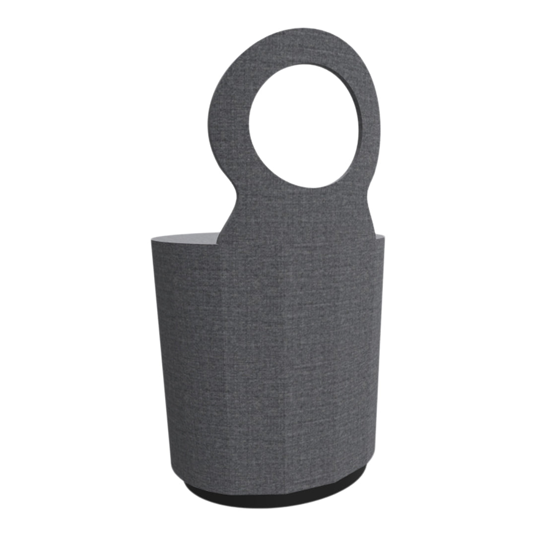 Gray fabric trash bin with a circular handle and textured pattern, perfect for modern decor.