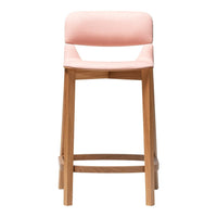 "Stylish pink upholstered bar stool with a natural wood frame, perfect for modern decor."