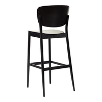 Black bar stool with a sleek design, featuring a white seat and smooth, minimalist patterns. Ideal for modern decor.