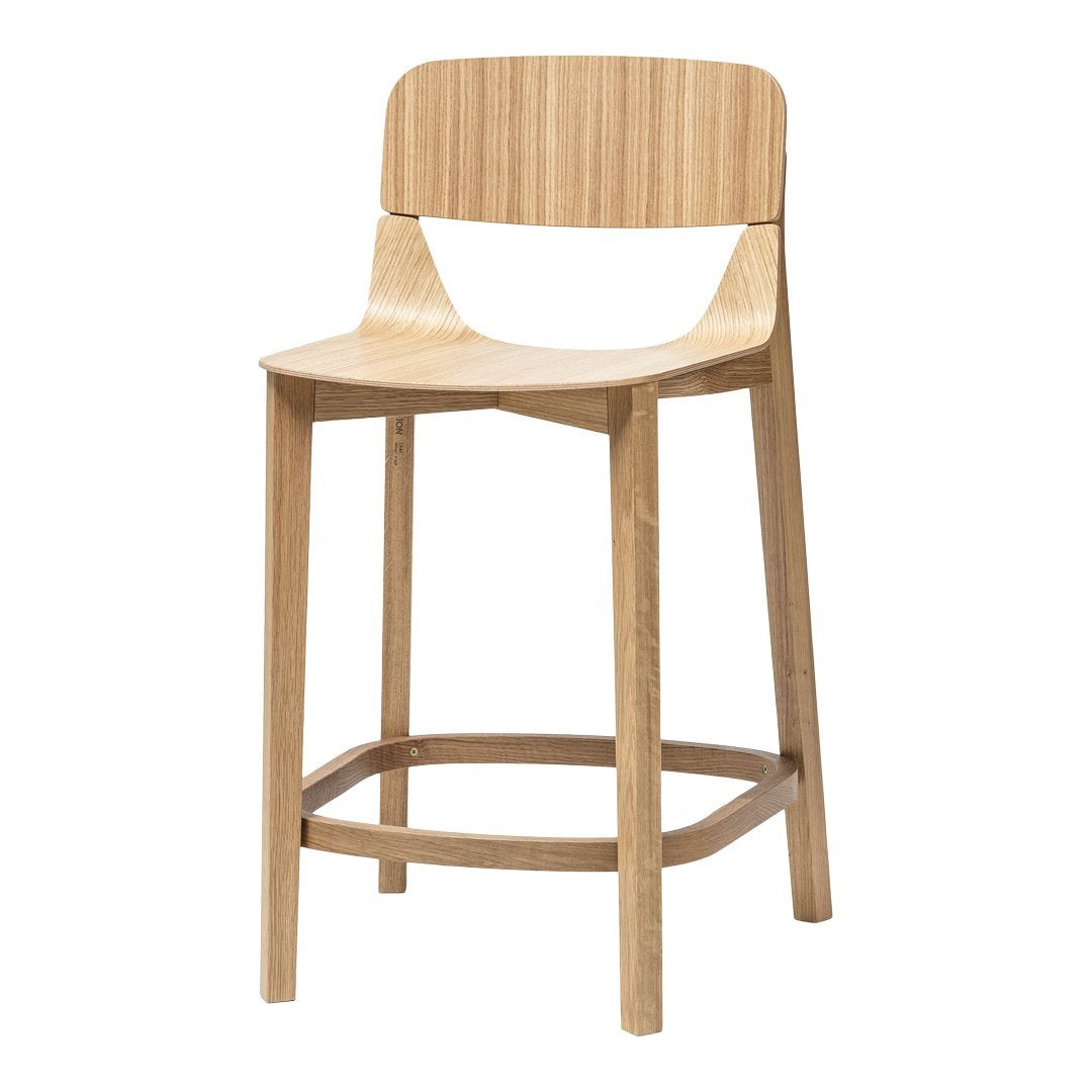 Natural wood bar stool with a light oak finish and simple, modern design featuring a smooth, curved backrest.
