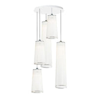 Five minimalist pendant lights in frosted white glass with sleek chrome accents, hanging in a tiered pattern.