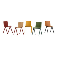 Set of five colorful chairs: red, natural wood, yellow, green, and orange, with simple, modern designs.